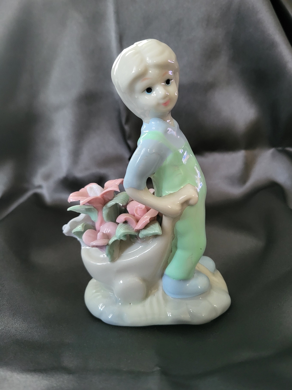 Porcelain Boy Figurine Pastel Green and Pink - Unbranded